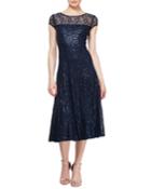 Bateau-neck Cap-sleeve Embellished Lace Cocktail Dress