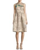 Ponnel Sleeveless Twig Silk Jacquard Cocktail Dress With Floral Embroidery
