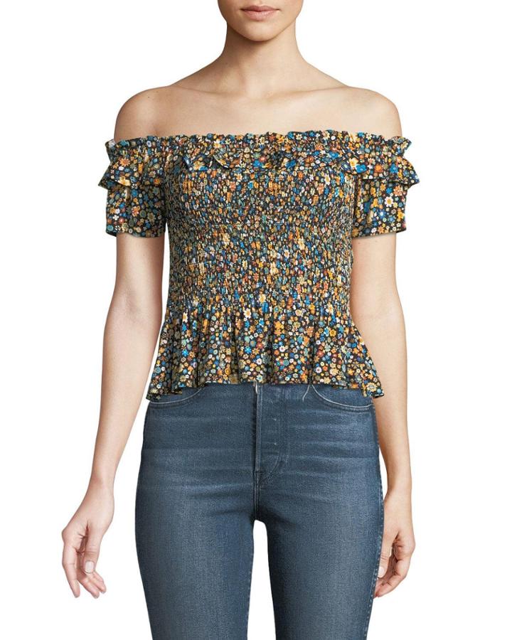 Off-the-shoulder Smocked Floral Blouse