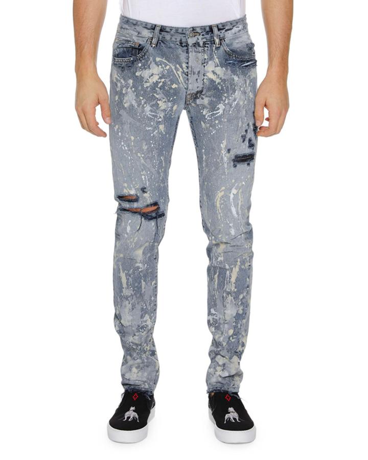 Men's Dark Splatter Slim-fit Distressed Jeans