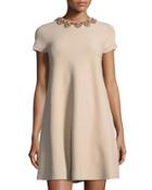 Beaded-neck Short-sleeve Knit Dress