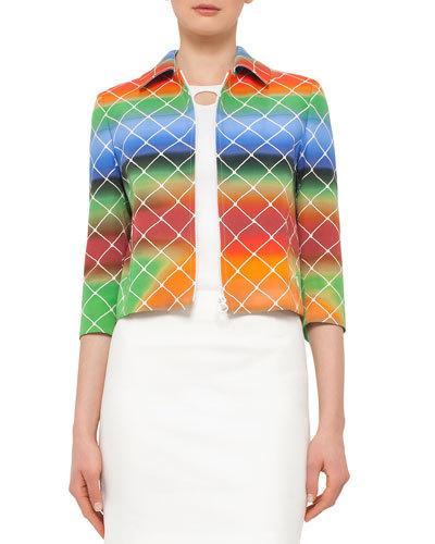 3/4-sleeve Cropped Baseball Net-print Jacket,