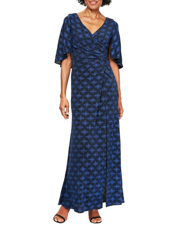 Printed Metallic Knit Gown With Capelet