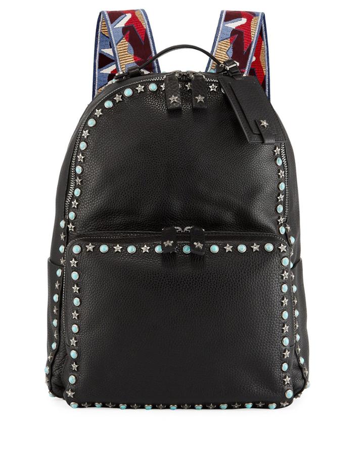 Men's Rockstud Web Strap Leather Backpack Bag