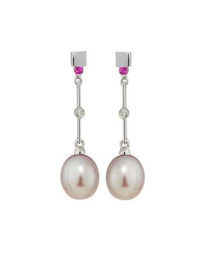 14k White Gold Pearl, Sapphire & Diamond Drop Earrings,