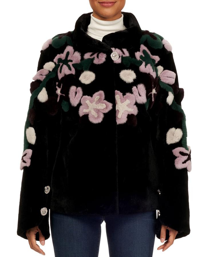 Floral Intarsia Rabbit Fur Jacket