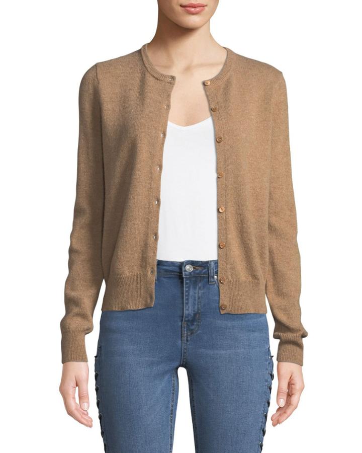 Cashmere Button-front Cardigan, Camel