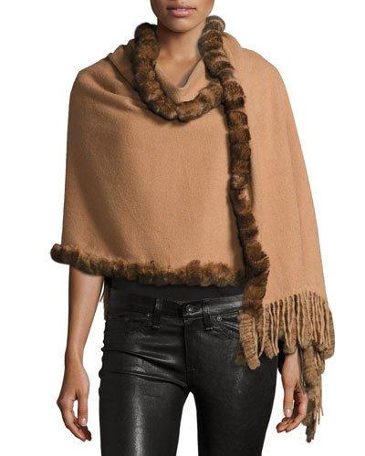 Rabbit Fur-trim Wool Wrap, Camel/dark Camel