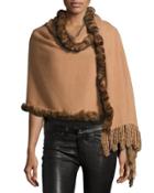 Rabbit Fur-trim Wool Wrap, Camel/dark Camel
