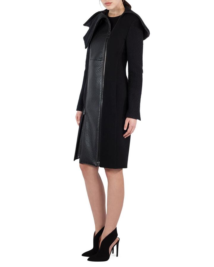 Textured Wool & Lamb Leather Coat, Black