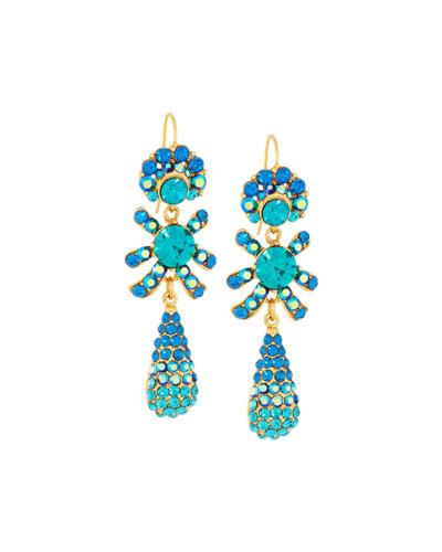 Golden Pave Crystal Triple-drop Earrings, Blue