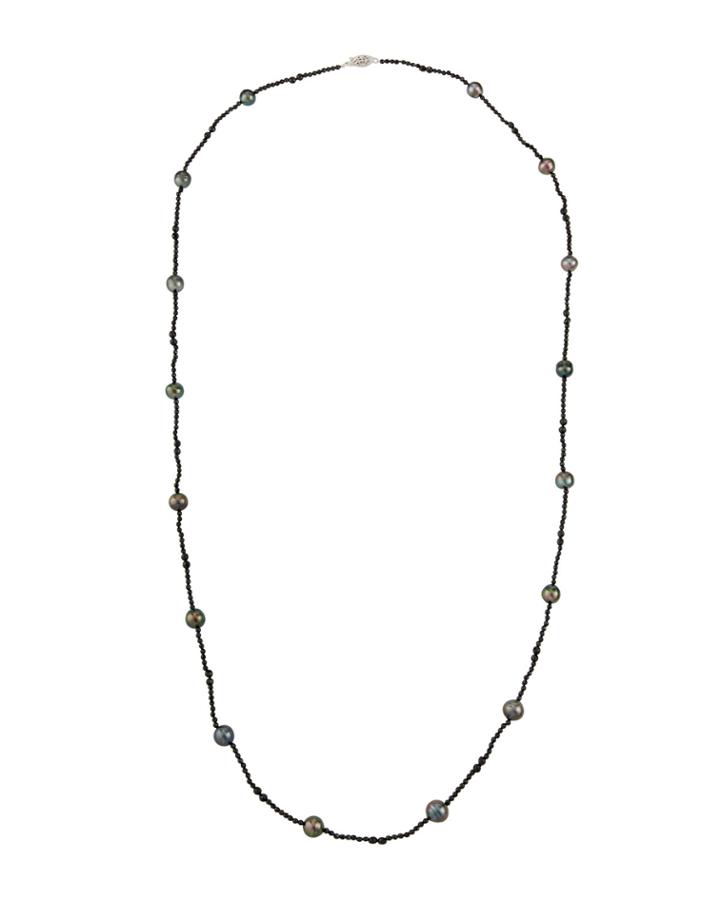 14k White Gold Long Black Spinel & Pearl Necklace,