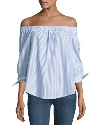 Off-the-shoulder Striped Top, Blue/white