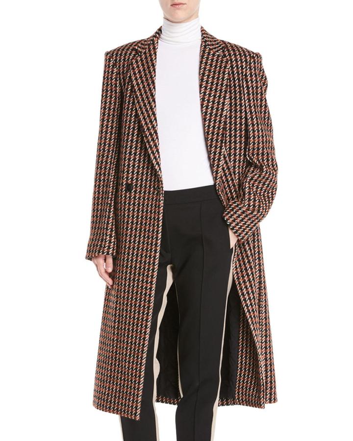 One-button Houndstooth Plaid Easy-fit Caban Coat