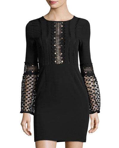 Long-sleeve Lace-trim Dress, Black