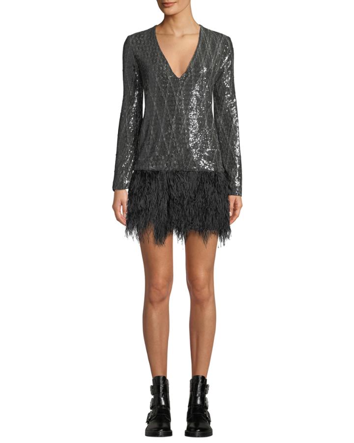 Giorgios Metallic Short Dress With Ostrich Feathers