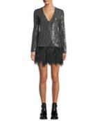 Giorgios Metallic Short Dress With Ostrich Feathers