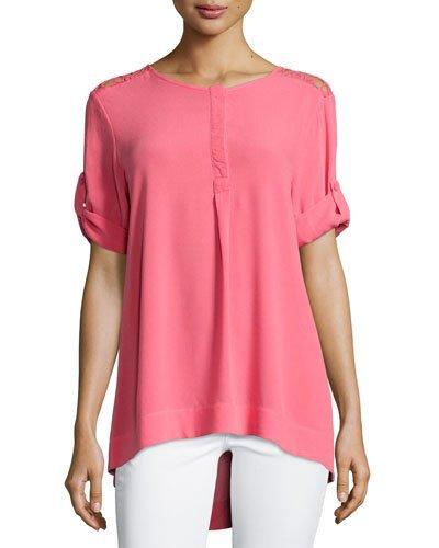 High-low Lace-yoke Blouse, Coral