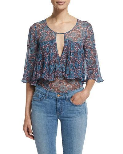 Lindsay Short-sleeve Floral Silk Top, Coral/gray