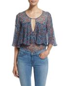 Lindsay Short-sleeve Floral Silk Top, Coral/gray