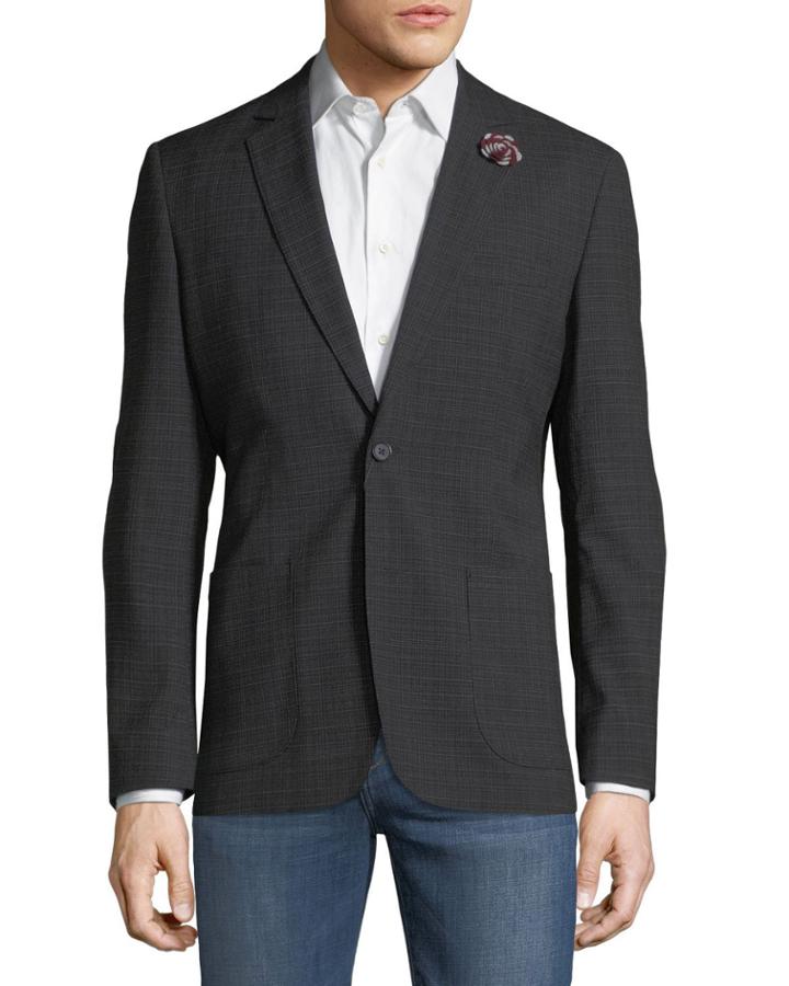 Men's Plaid Comfort Stretch Sport Coat, Black