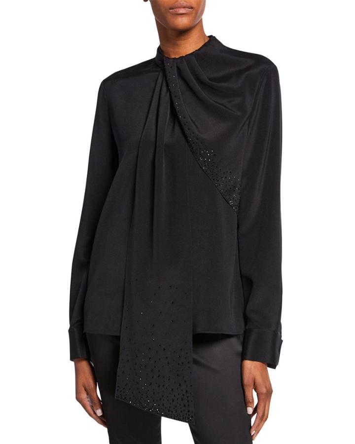 Stretch-silk Blouse With Sequined Drape-neck
