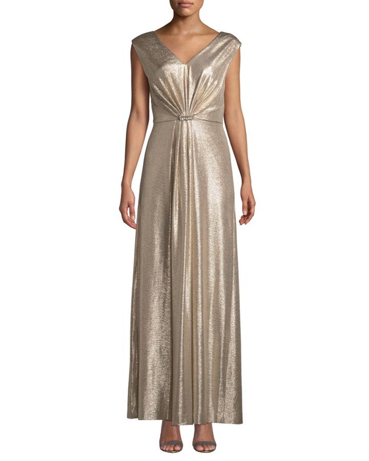 Shirred Metallic V-neck Evening Gown