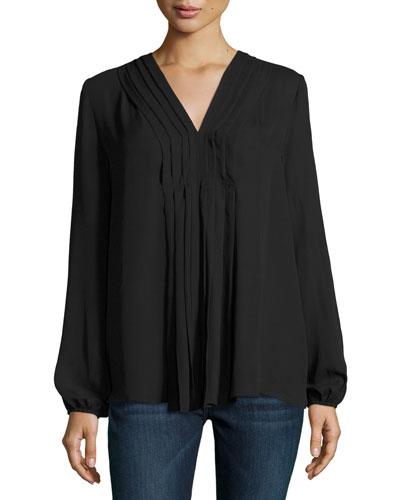 Pleat-front Long-sleeve Blouse, Black