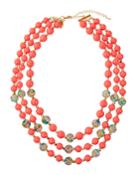 Three-strand Coral Floral Bead Necklace, Coral