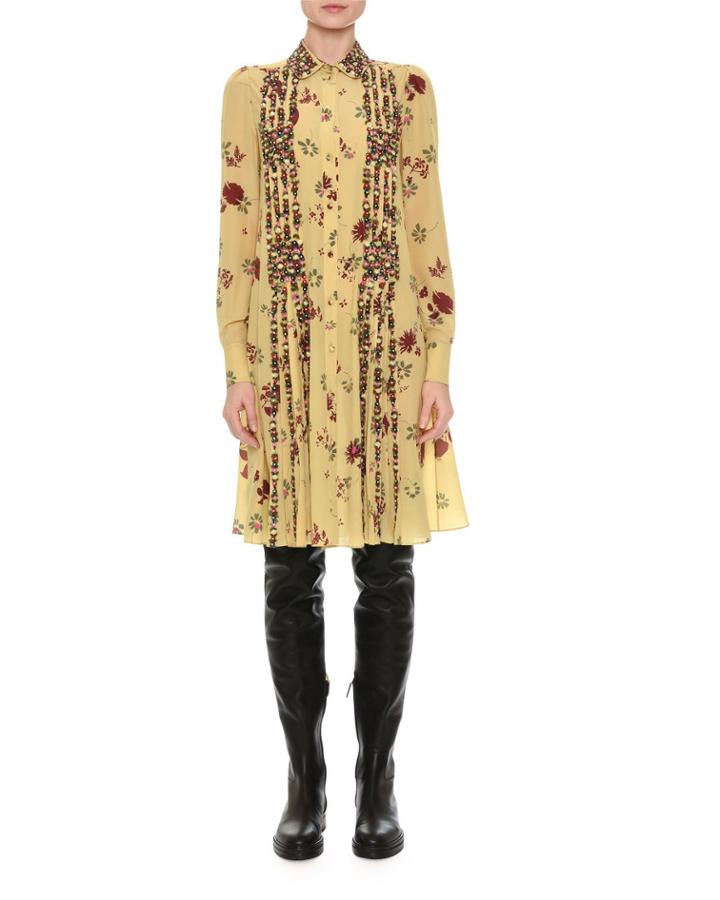 Beaded Floral-print Shirtdress, Yellow