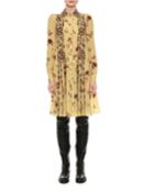 Beaded Floral-print Shirtdress, Yellow