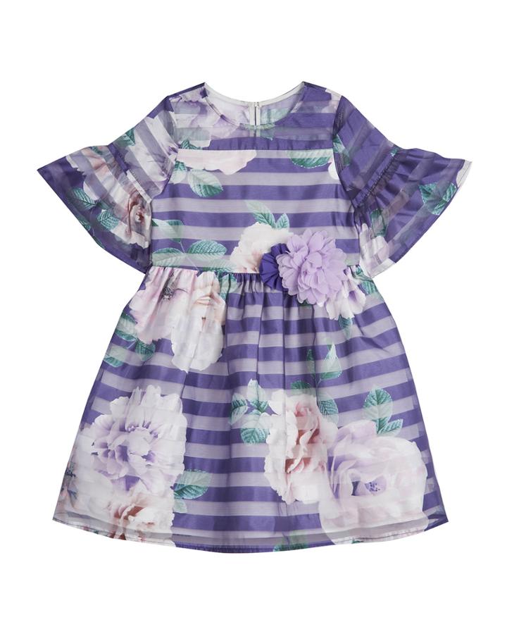Bell-sleeve Shadow-stripe Dress, Sizes Premie-24