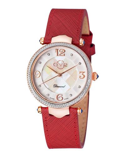 37mm Sassari Leather Diamond Watch, Red
