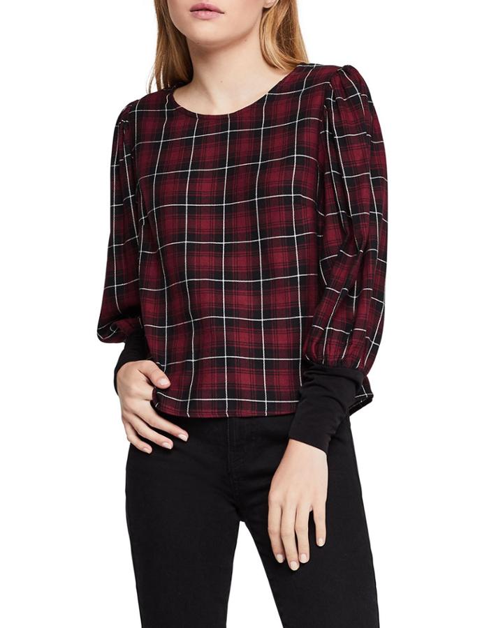 Puff-sleeve Crewneck Plaid Top