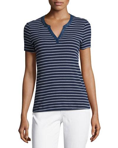 Striped Short-sleeve Henley Top, Blue/white