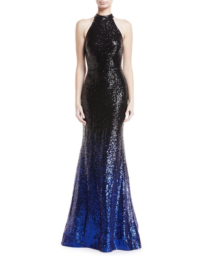 High-neck Ombre Sequin Trumpet Gown