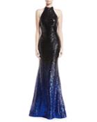 High-neck Ombre Sequin Trumpet Gown