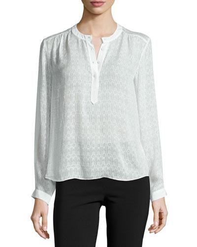 Long-sleeve Jacquard Silk Top, Chalk