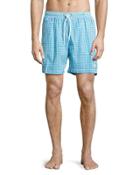Seersucker Gingham Swim Trunks, Blue/white