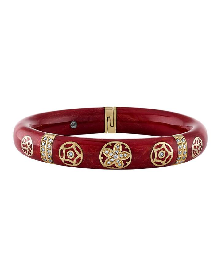 18k Yellow Gold Thin Diamond Wheel Bangle, Red