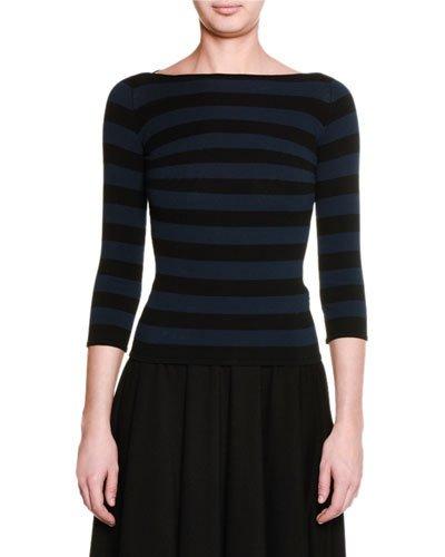 3/4-sleeve Bateau-neck Striped Top, Black/blazer