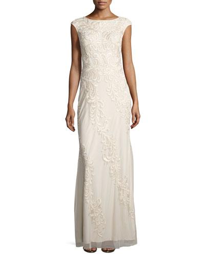 Sleeveless Embroidered Mesh Column Gown, Champagne