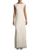 Sleeveless Embroidered Mesh Column Gown, Champagne