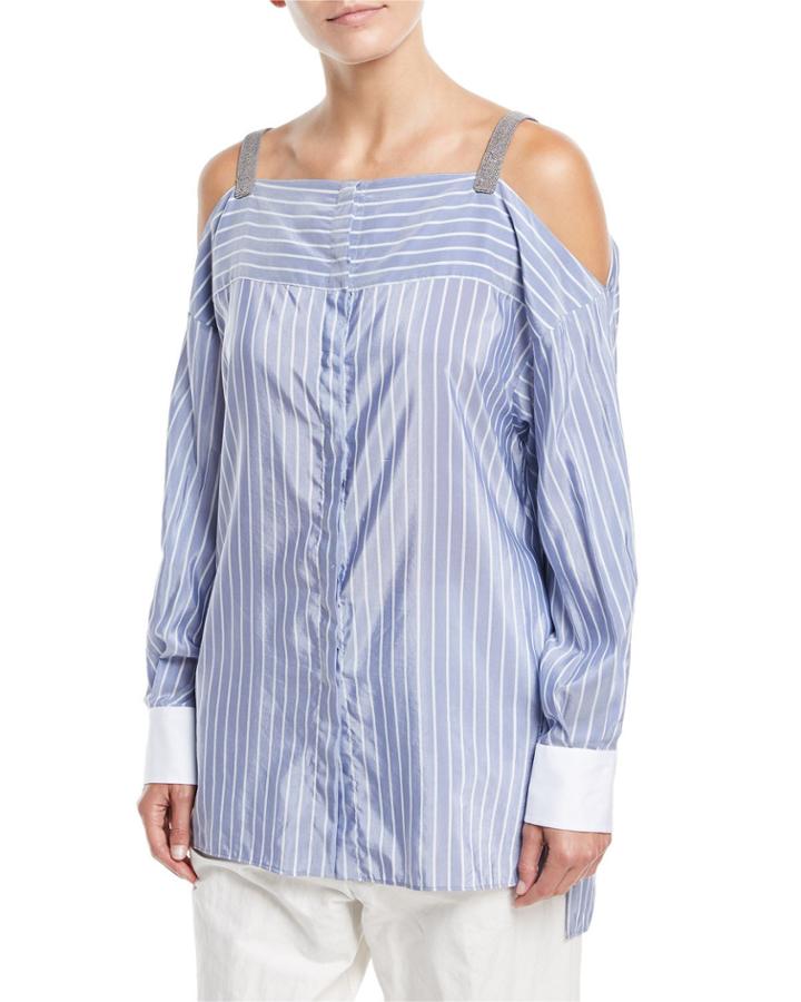 Off-the-shoulder Striped Long-sleeve Tunic With