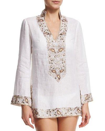 Viceroy Beaded Linen Short Coverup Tunic, White