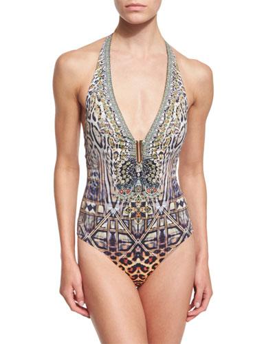 Halter-neck Printed One-piece