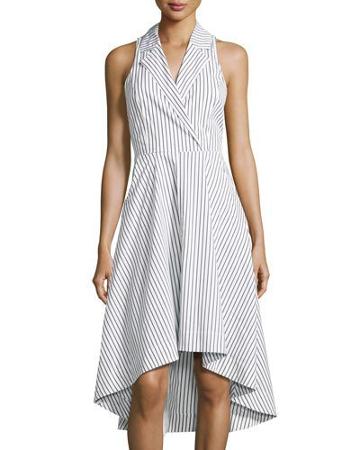 High-low Striped Poplin Dress, Black/white