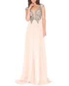 Butterfly Beaded Bodice Chiffon Gown