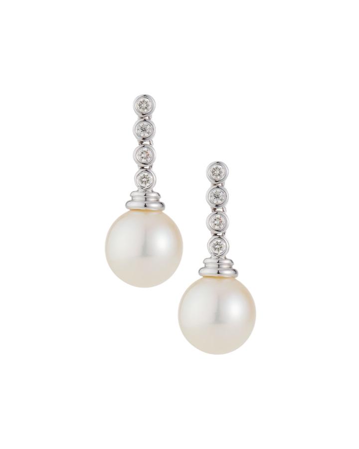 14k White Gold Stacked Diamond And Pearl Earrings