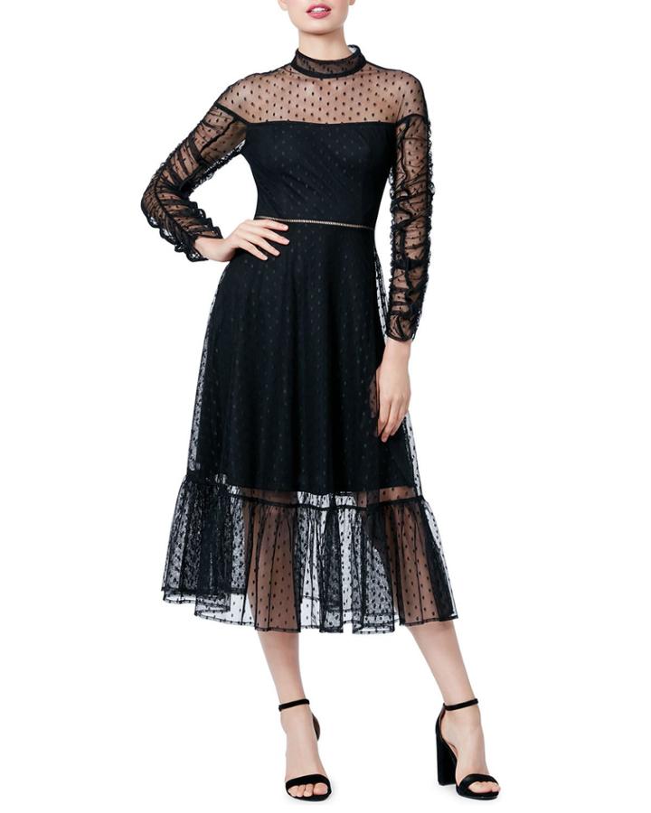 Ruched-sleeve Dot Mesh Illusion A-line Flounce